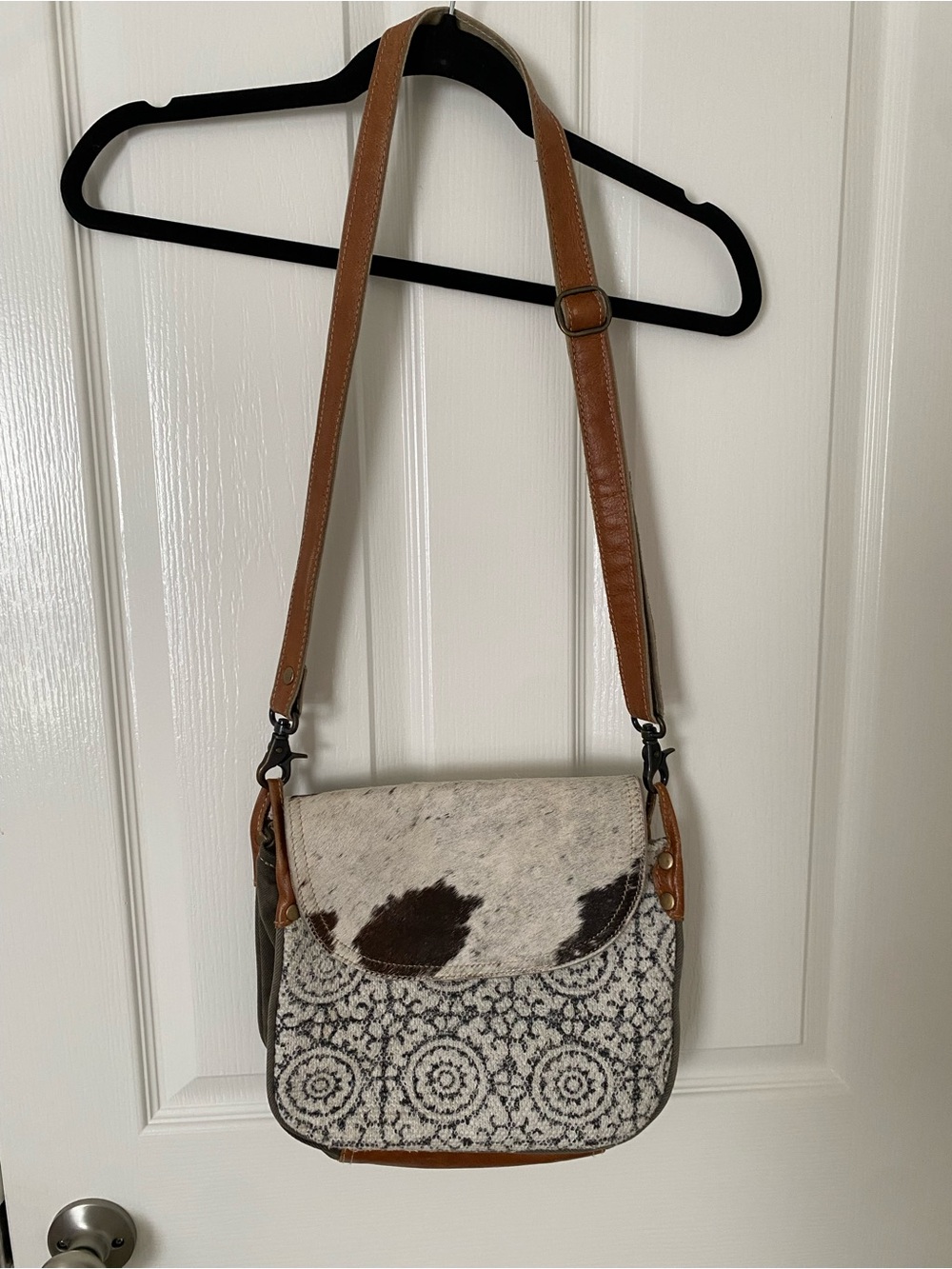Myra Bag Brown and Cream Patterned Crossbody with Haircalf Flap